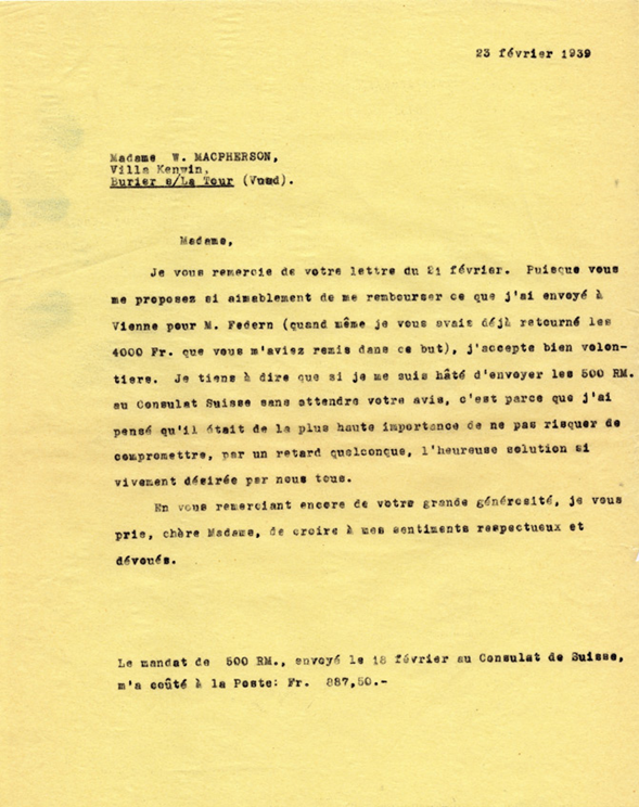 Copie Carbone de la lettre d’Henri Flournoy à Winnifred Macpherson