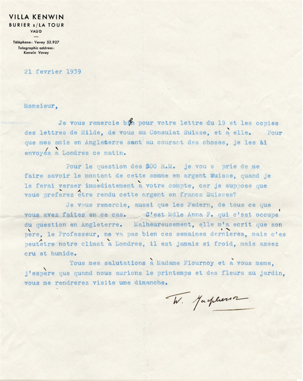 Lettre de Winnifred Macpherson à Henri Flournoy