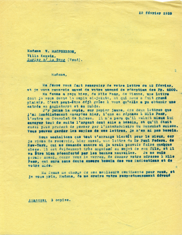 Copie carbone de lettre d’Henri Flournoy à Winnifred Macpherson