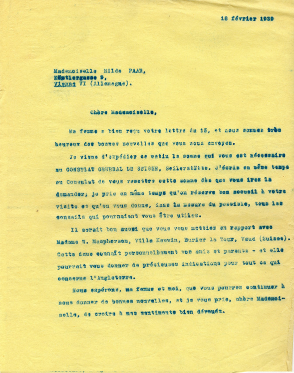 Copie carbone de la lettre d’Henri Flournoy à Hilde Paar