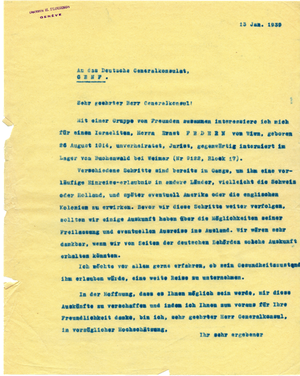 Copie carbone de lettre d’Henri Flournoy au Consul General d’Allemagne à Genève