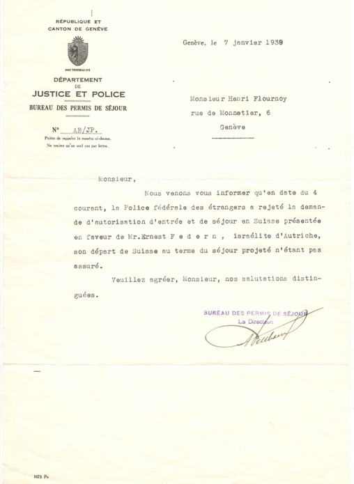 Lettre du Directeur du Bureau des permis de séjour à Henri Flournoy