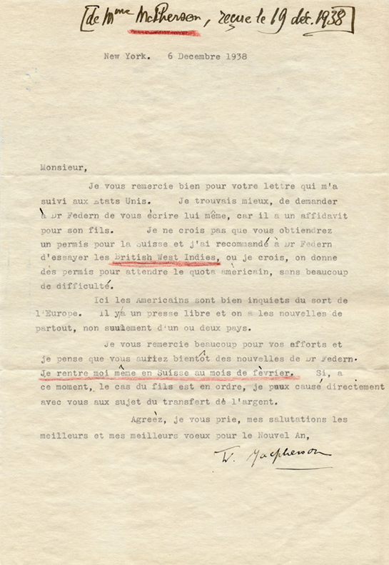 Lettre de Winnifred Macpherson à Henri Flournoy