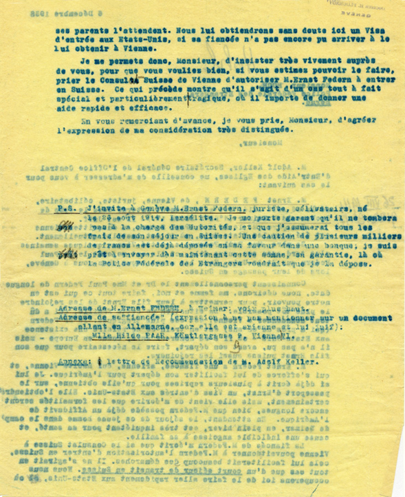 Copie carbone de la lettre d’Henri Flournoy à M. Hohl, Police des étrangers, Berne