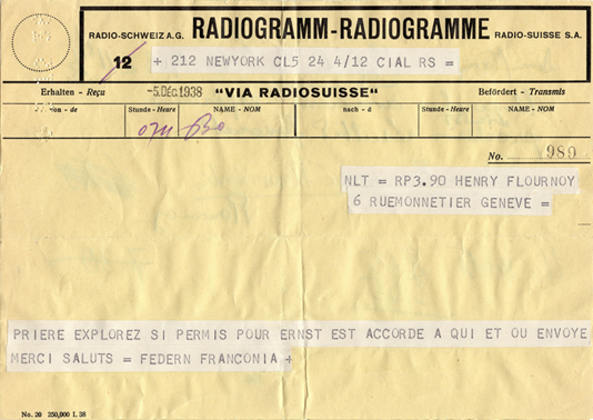 Radiogramme de Paul Federn à Henri Flournoy
