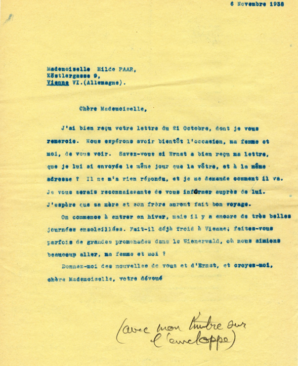 Copie carbone de la lettre de Henri Flournoy à Hilde Paar