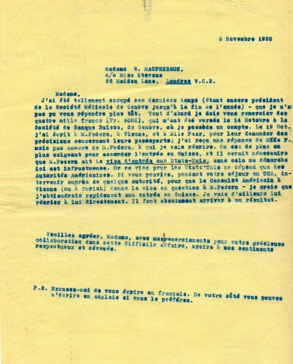 Copie carbone de la lettre de Henri Flournoy à Winnifred Macpherson