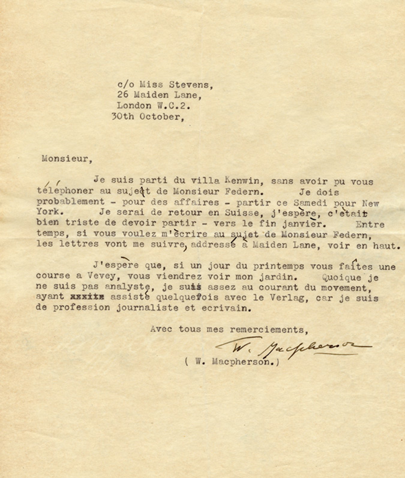 Lettre de Winnifred Macpherson à Henri Flournoy