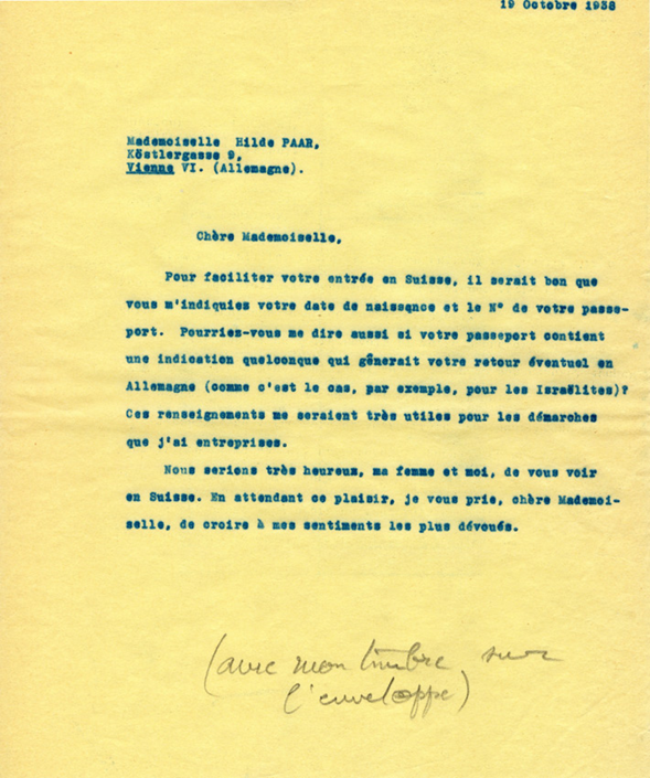 Copie carbone de la lettre de Henri Flournoy à Hilde Paar