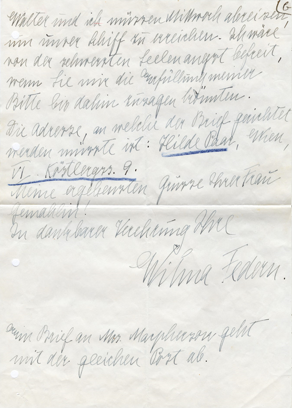 Lettre de Wilma Federn à Henri Flournoy