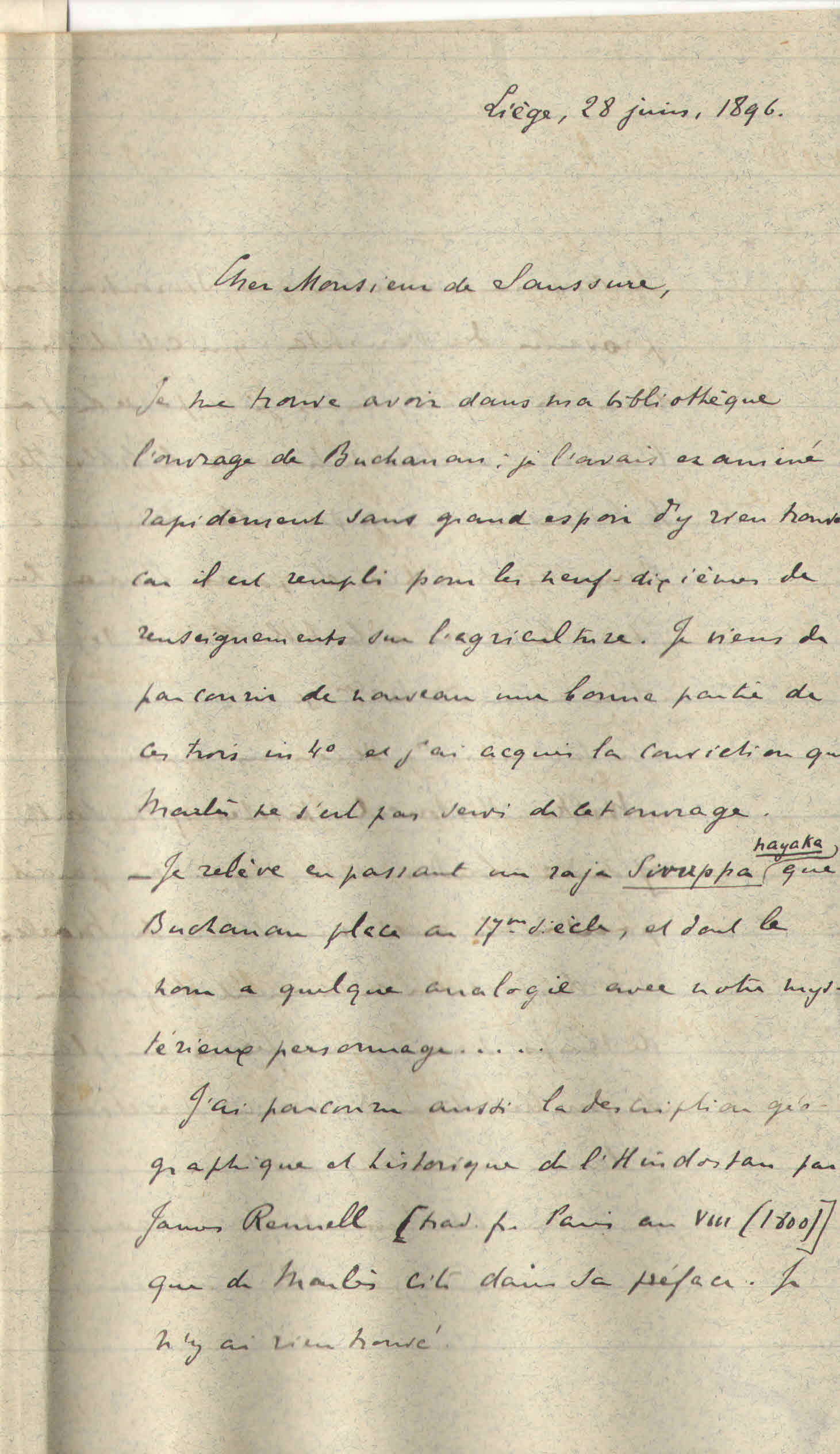 Courrier de  Michel Charles à F. De Saussure