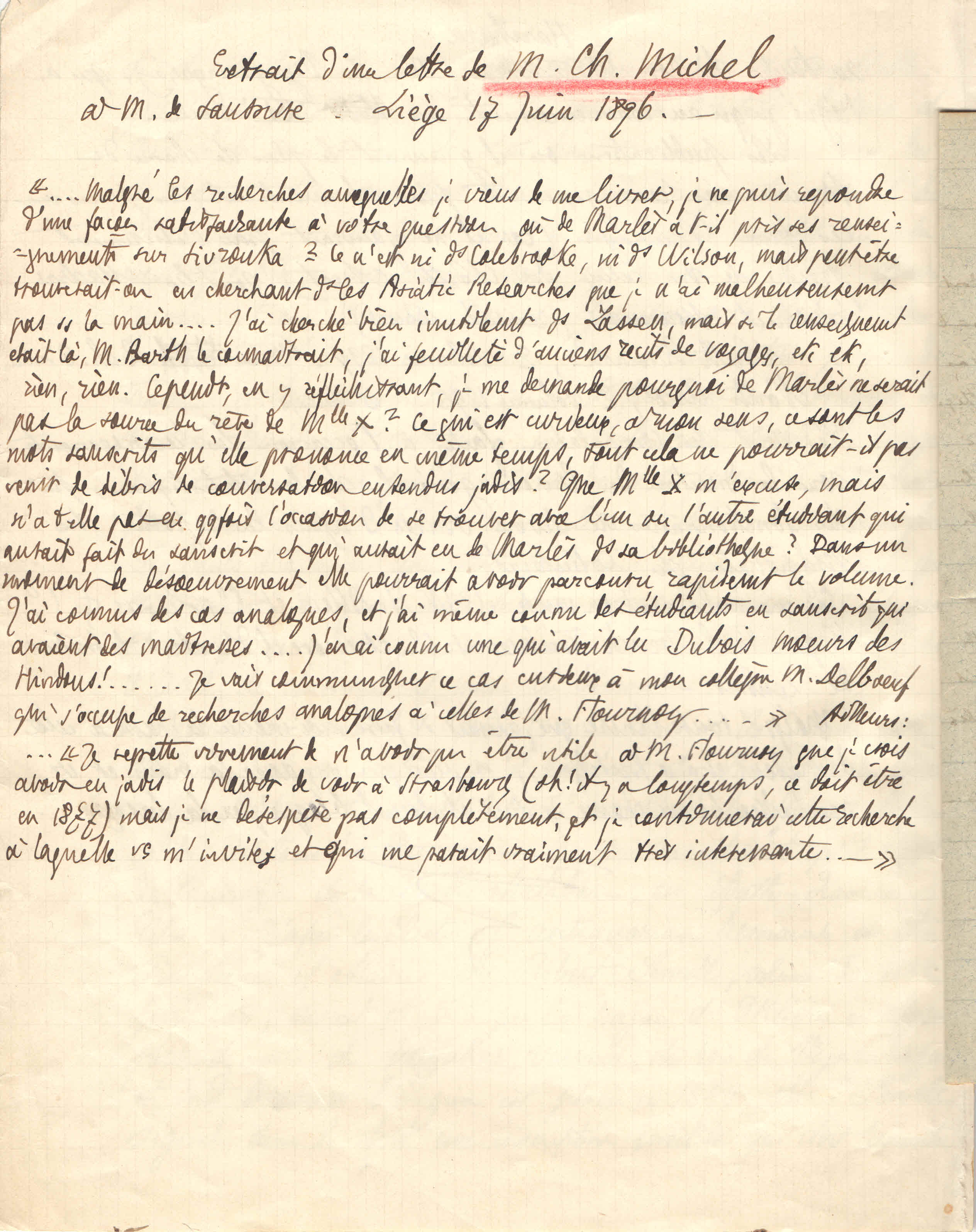 Courrier de  Michel Charles à F. De Saussure