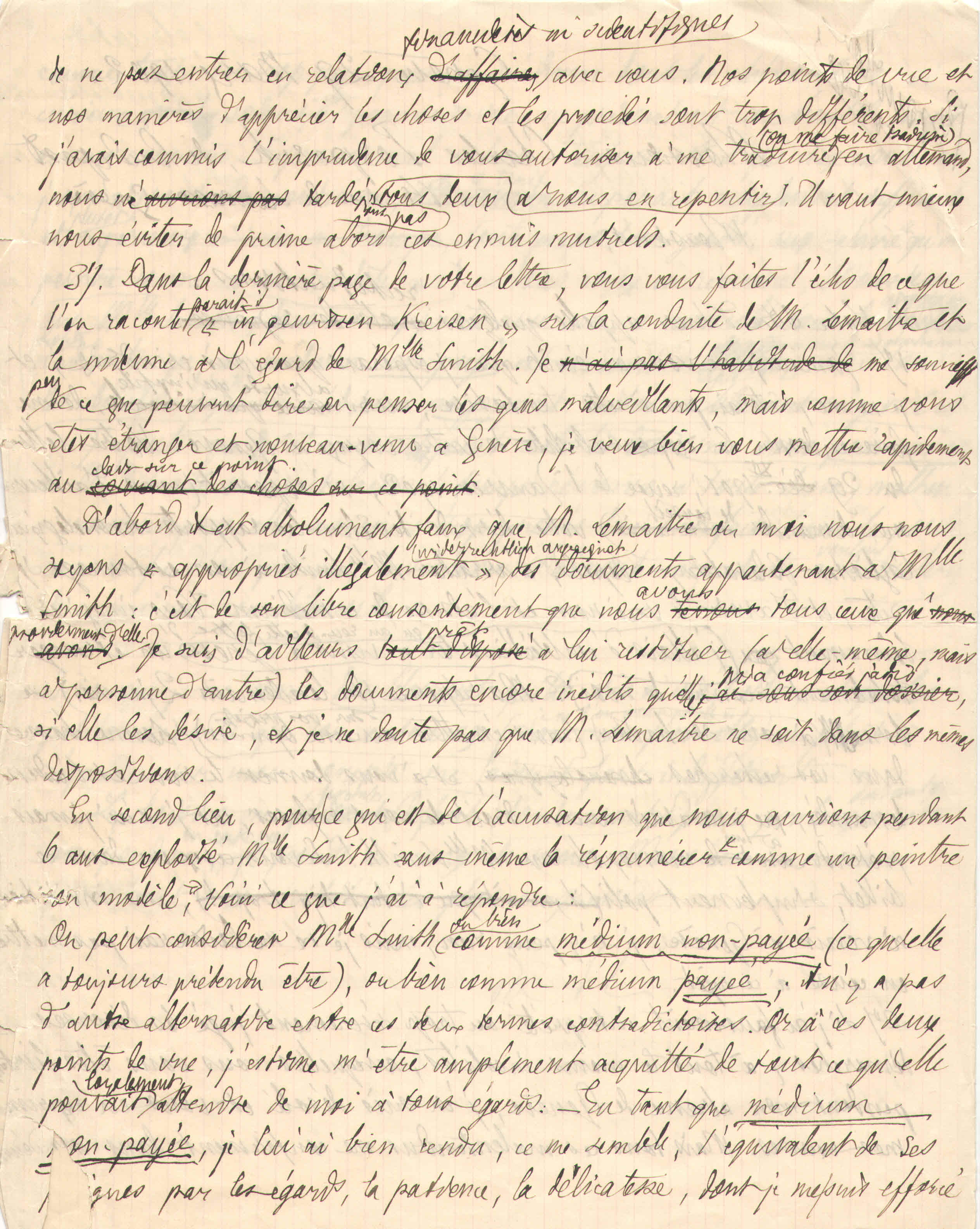 Brouillon de lettre de Théodore Flournoy à Karl Propesch