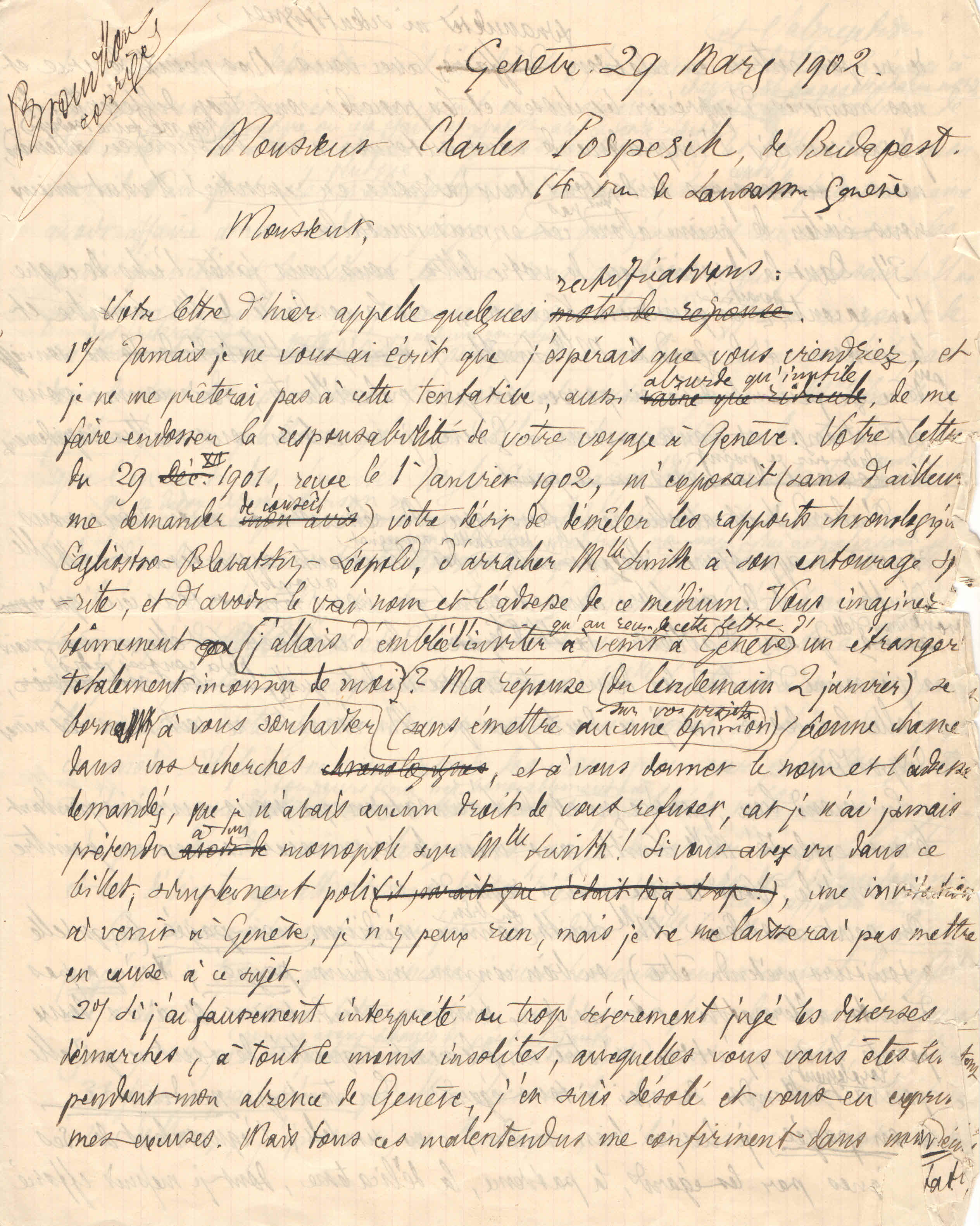 Brouillon de lettre de Théodore Flournoy à Karl Propesch