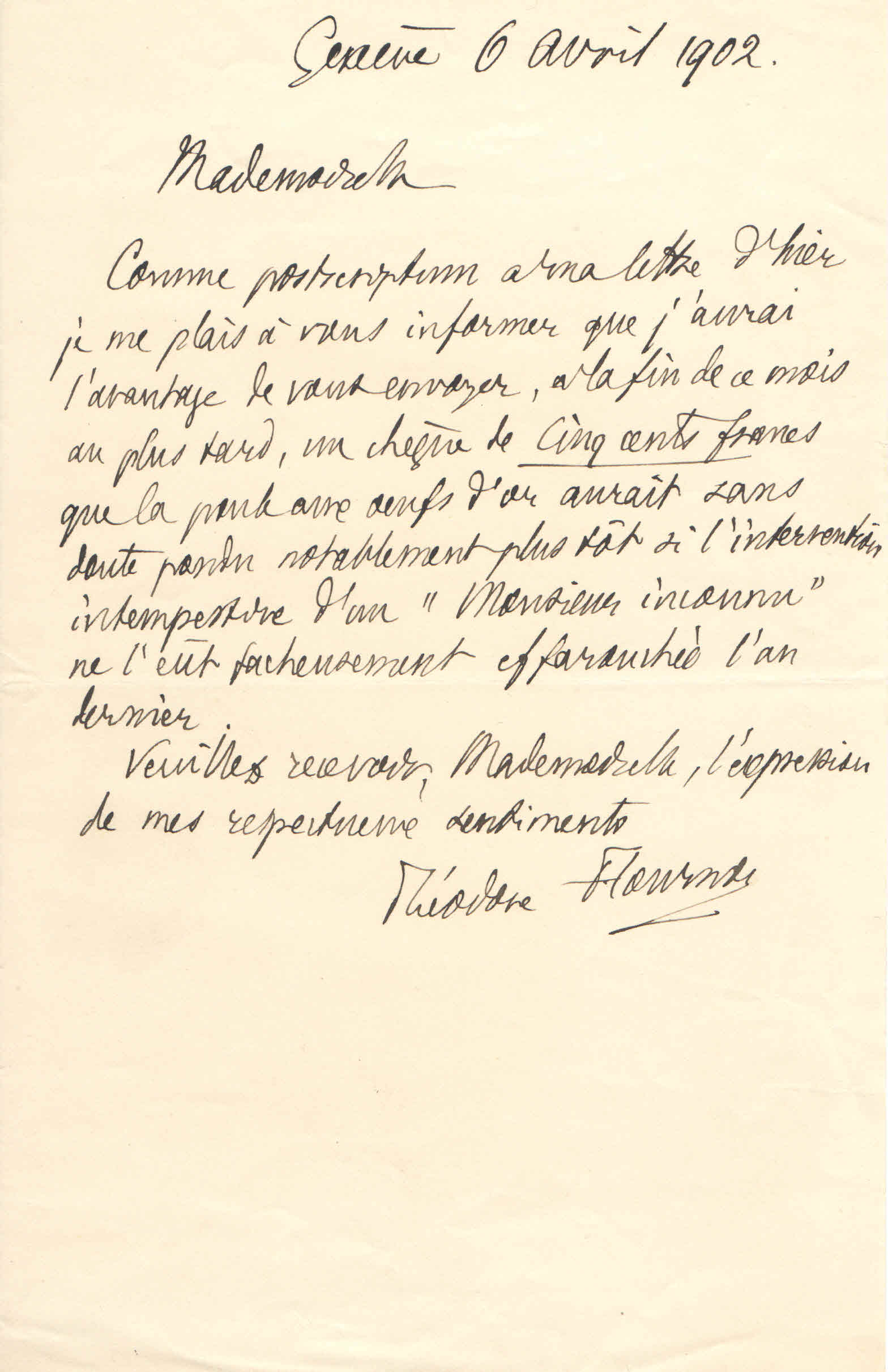 Théodore à Elise, le 6 avril 1902