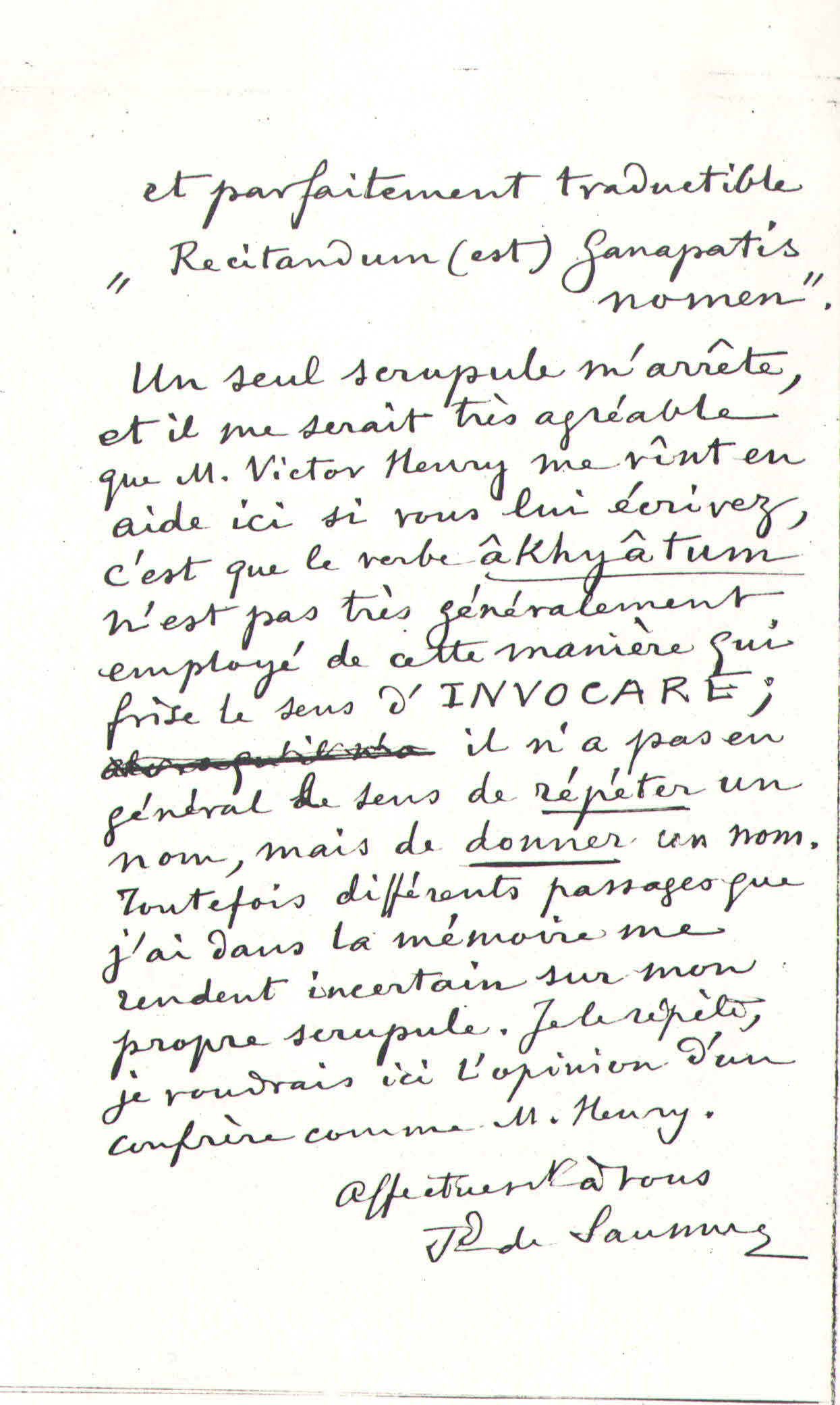 F. de Saussure à Théodore Flournoy